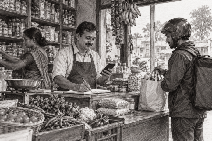 Neighborhood Shopkeeper Balancing Groceries and Online Orders-3